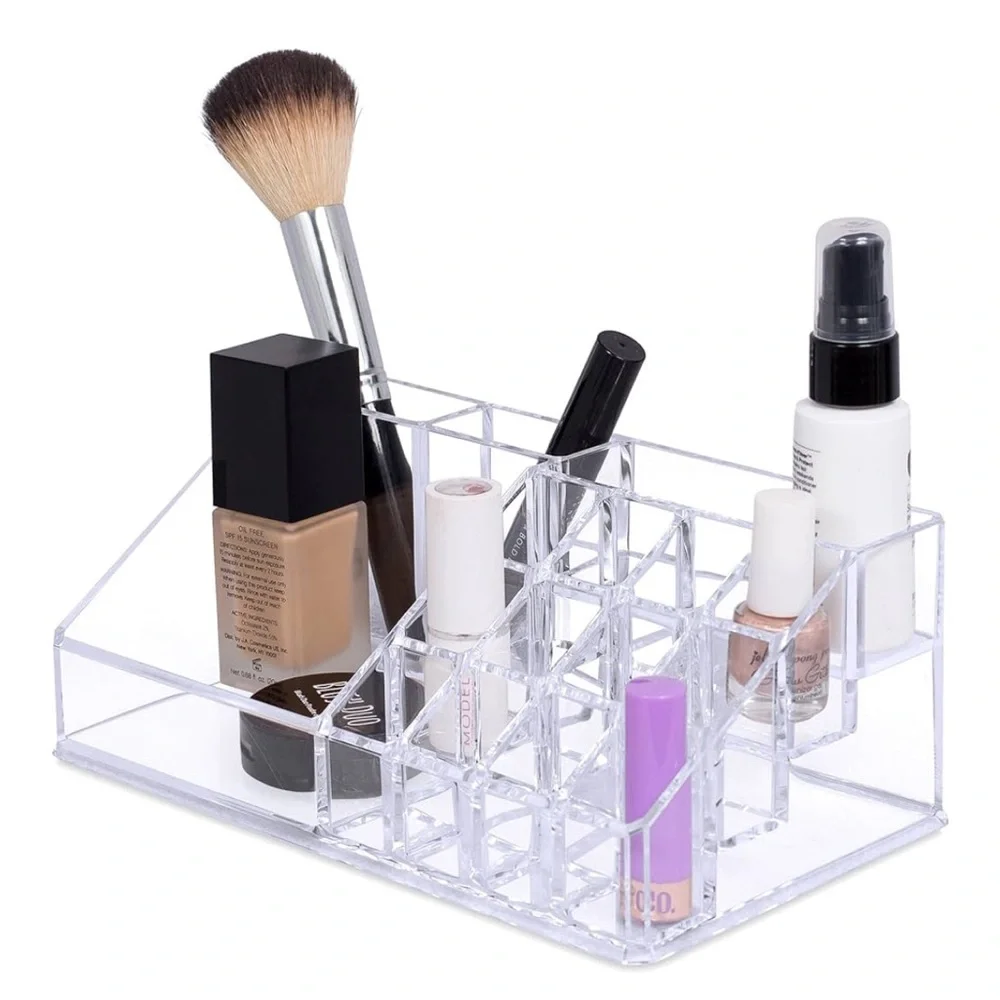 NWT Clear Acrylic Cosmetic Makeup Organizer Display Rack Holder 16 Compartments